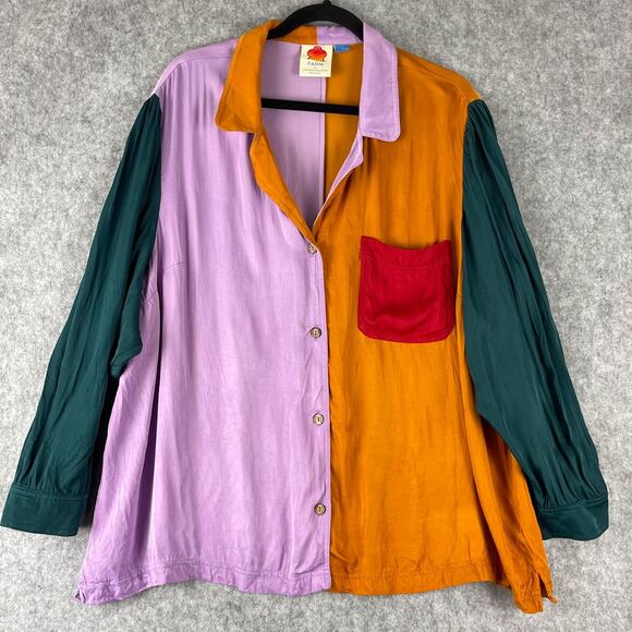 Anthropologie Farm Rio Top Womens 2X Colorblock Button Down Blouse Vibrant Boho - Picture 1 of 16